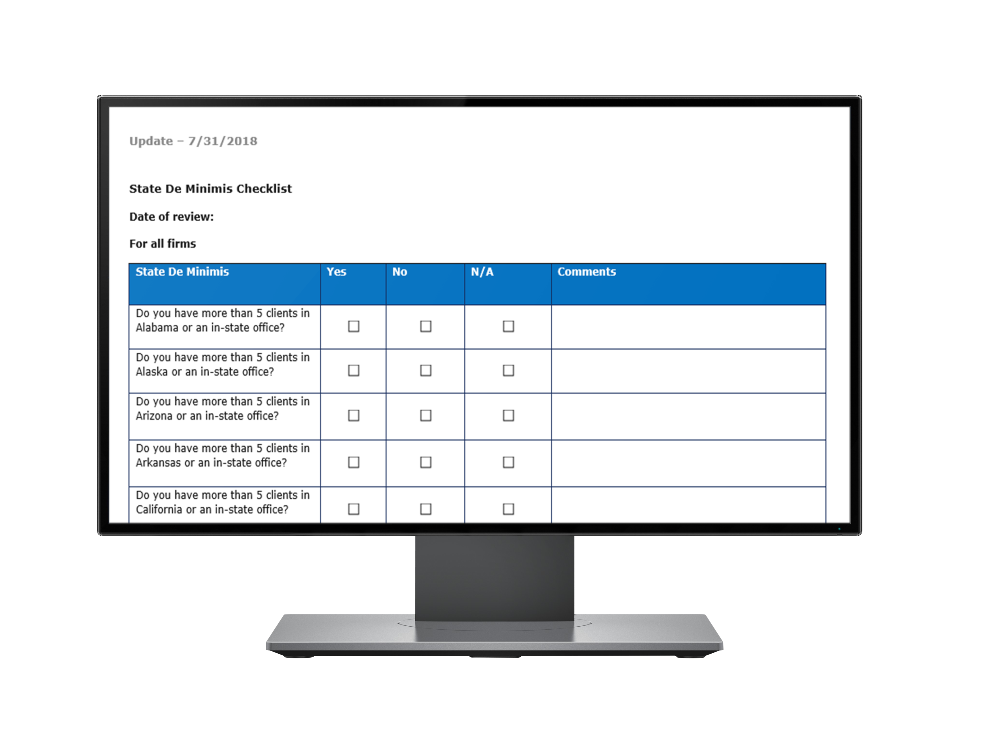 State Di-minimis checklists.